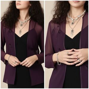 Vintage Eggplant Purple Whimsigoth‎ Fairy Beaded Sheer Chiffon Cardigan/Jacket